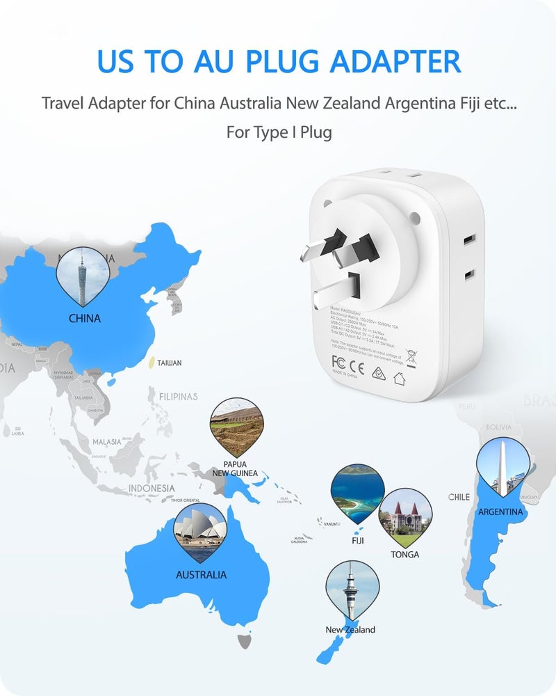 Lencent Australia New Zealand Power Plug Adapter, US To Australia Plug Adapter with 4 Outlets, 4 USB Charger(2 USB C Port), Type I Plug Converter for US to AU Argentina China Fiji, Travel Essentials - Image 2